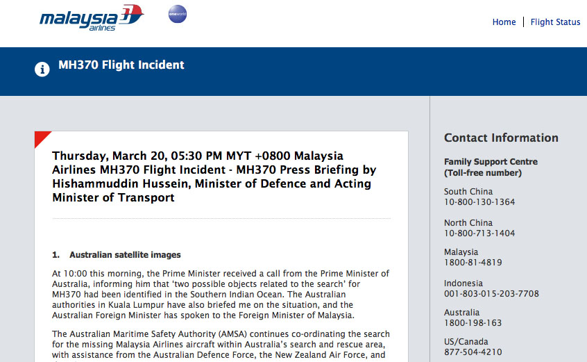Malaysia airlines dark site for crisis