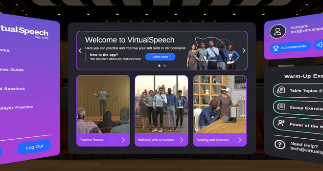 Main menu in the VirtualSpeech VR app